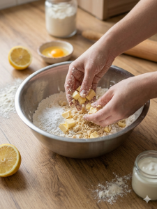 A fa asztalon egy nagy, tiszta rozsdamentes acél keverőtál látható. A fókuszban két kéz (enyhén lisztes) dolgozik a tálban: a felkockázott, hideg vajat éppen gyors mozdulatokkal elmorzsolják a liszttel és a porcukorral. A tál mellett, enyhe életlenséggel látható a fél citrom, egy tojás és a tejfölös pohár.