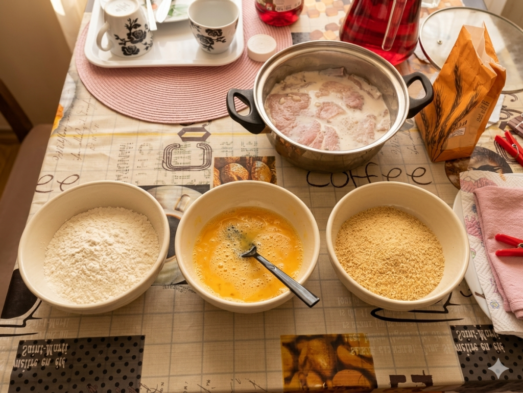 3 tál látható a képen az elsőben van a liszt, másodikban a felvert tojás, harmadik a zsemle morzsa, ebből áll össze a tökéletes panír, és még egy edényben 24 órára a fokhagymástejbe áztatott rántotthúsok