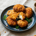 Egy kék tányéron tálalt, ropogósra sült, kettévágott sajtos hústallérok, amikből lágyan nyúlik ki az olvadt sajt.