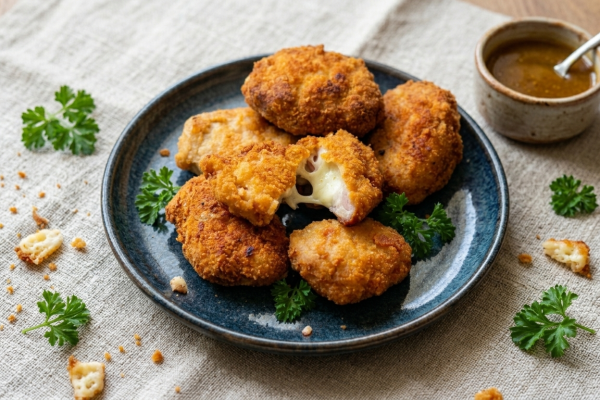 Egy kék tányéron tálalt, ropogósra sült, kettévágott sajtos hústallérok, amikből lágyan nyúlik ki az olvadt sajt.