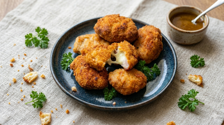 Egy kék tányéron tálalt, ropogósra sült, kettévágott sajtos hústallérok, amikből lágyan nyúlik ki az olvadt sajt.