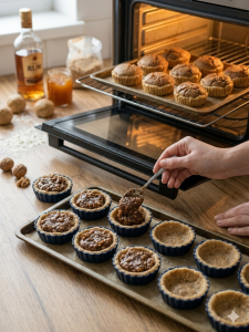 Egy kéz barna diós keveréket kanalaz egy kis, bordázott sütőformába, háttérben egy nyitott sütővel, amelyben már sülnek a muffinok, valamint egy üveg rummal, egy befőttesüveg lekvárral és egész diókkal.