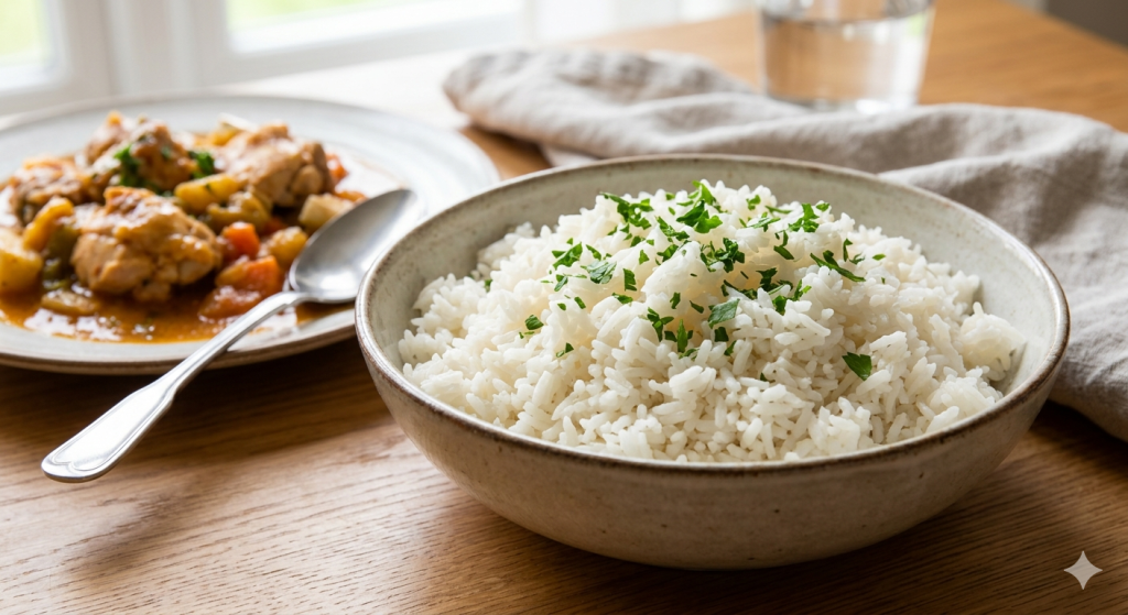 A fotón a klasszikus, pergős fehér rizs látható, amit friss petrezselyemmel szórtunk meg a színkontraszt kedvéért. Hogy jelezzük a sokoldalúságát, a háttérben elmosódva feltűnik egy tál szaftos csirkepörkölt is, ami a legnépszerűbb párosítás nálunk. A rusztikus kerámiatál és a faasztal meleg, otthonos hangulatot áraszt, ami tökéletesen illik a blogod stílusához.