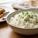 A fotón a klasszikus, pergős fehér rizs látható, amit friss petrezselyemmel szórtunk meg a színkontraszt kedvéért. Hogy jelezzük a sokoldalúságát, a háttérben elmosódva feltűnik egy tál szaftos csirkepörkölt is, ami a legnépszerűbb párosítás nálunk. A rusztikus kerámiatál és a faasztal meleg, otthonos hangulatot áraszt, ami tökéletesen illik a blogod stílusához.