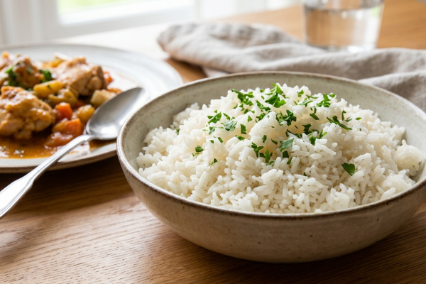 A fotón a klasszikus, pergős fehér rizs látható, amit friss petrezselyemmel szórtunk meg a színkontraszt kedvéért. Hogy jelezzük a sokoldalúságát, a háttérben elmosódva feltűnik egy tál szaftos csirkepörkölt is, ami a legnépszerűbb párosítás nálunk. A rusztikus kerámiatál és a faasztal meleg, otthonos hangulatot áraszt, ami tökéletesen illik a blogod stílusához.