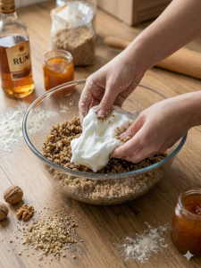 Két kéz óvatosan fehér tojáshabot forgat egy üvegtálban lévő darált diós keverékbe. A háttérben egy üveg rum, baracklekvár és egy nyújtófa látható a fa asztalon.