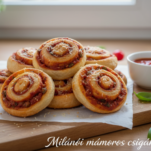 Fénykép egy rusztikus fa vágódeszkán tornyosuló, ropogósra sült, sós leveles tésztás csigákról (Milánói mámoros csigák), amelyeket piros paradicsomszósszal, zöld fűszerekkel és reszelt parmezán sajttal töltöttek és szórtak meg. A csigák sütőpapíron nyugszanak, mellettük egy kis fehér tálban mártogató szósz, friss bazsalikomlevelek és cherry paradicsomok láthatók. A kép alján "Milánói mámoros csigák" felirat olvasható.