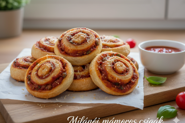 Fénykép egy rusztikus fa vágódeszkán tornyosuló, ropogósra sült, sós leveles tésztás csigákról (Milánói mámoros csigák), amelyeket piros paradicsomszósszal, zöld fűszerekkel és reszelt parmezán sajttal töltöttek és szórtak meg. A csigák sütőpapíron nyugszanak, mellettük egy kis fehér tálban mártogató szósz, friss bazsalikomlevelek és cherry paradicsomok láthatók. A kép alján "Milánói mámoros csigák" felirat olvasható.