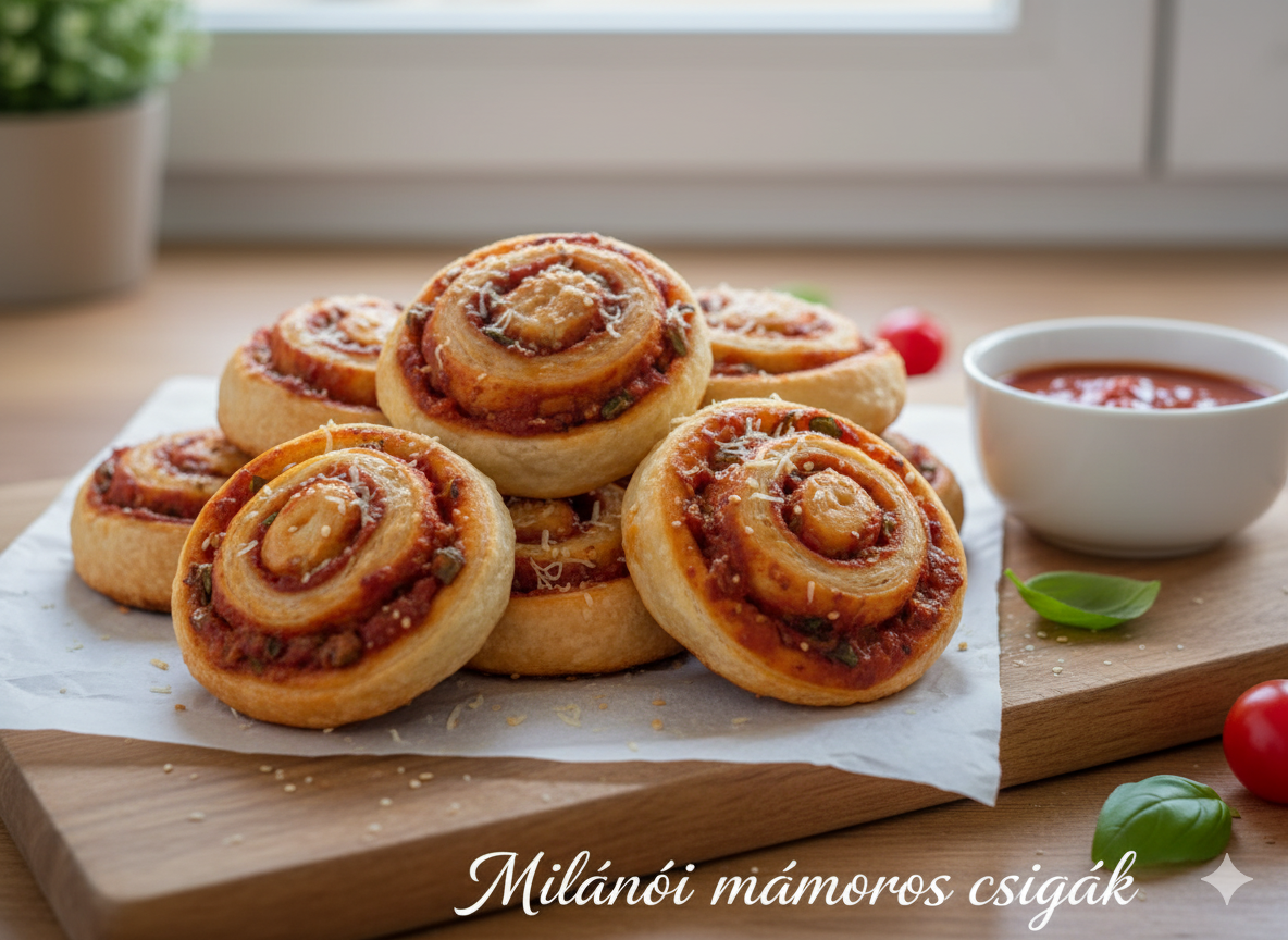 Fénykép egy rusztikus fa vágódeszkán tornyosuló, ropogósra sült, sós leveles tésztás csigákról (Milánói mámoros csigák), amelyeket piros paradicsomszósszal, zöld fűszerekkel és reszelt parmezán sajttal töltöttek és szórtak meg. A csigák sütőpapíron nyugszanak, mellettük egy kis fehér tálban mártogató szósz, friss bazsalikomlevelek és cherry paradicsomok láthatók. A kép alján "Milánói mámoros csigák" felirat olvasható.