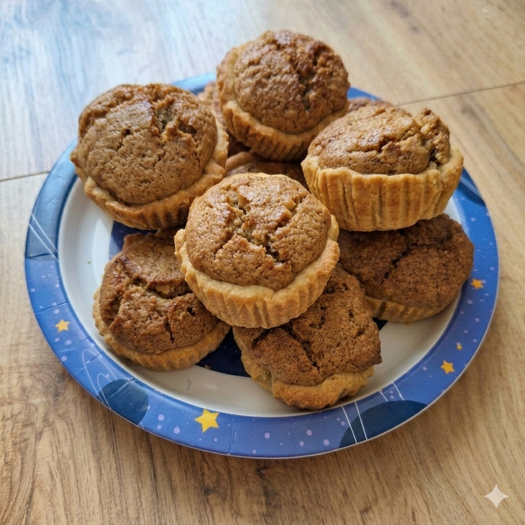 Egy halom frissen sült diós kosárka egy kék, sárga csillagokkal díszített papírtányéron, amelyet egy világos fából készült padlóra helyeztek.