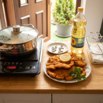 Egy professzionálisan komponált ételfotó egy konyhapulton. A kép előterében egy rusztikus, kézzel készített kerámia tálon három nagy darab, aranybarna, ropogósra sült rántott hús szelet látható. A tál egy szürke, texturált szalvétán nyugszik. A húsok tetején egy citromkarika és egy ág friss petrezselyem díszlik. A tál mellett további friss petrezselyemlevelek vannak elhelyezve. A háttérben, a bal oldalon egy fekete, hordozható indukciós főzőlapon egy rozsdamentes acél fazék áll, rajta üvegfedővel. A fazék belseje és a főzőlap felülete fényes, a főzőlap digitális kijelzője világít, jelezve, hogy működik. A fazék mögött egy fűszerpolc és további konyhai eszközök láthatók. Középen hátul egy nyitott faajtó látható, ami egy teraszra vagy kertre nyílik, ahol egy cserepes örökzöld növény áll a napfényben. A jobb oldalon egy átlátszó műanyag flakon napraforgóolaj (a címkén "napraforgóolaj" felirat olvasható) és egy üveghenger áll, amiben papírtörlő és egy fém konyhai csipesz található. A falon, a háttérben réz edények lógnak. A kompozíció természetes fénnyel megvilágított, tiszta, otthonos konyhai környezetet sugároz. A fókusz a rántott húsokon van.