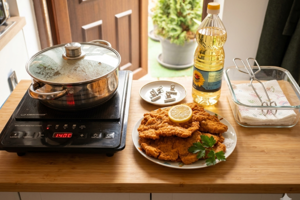 Egy professzionálisan komponált ételfotó egy konyhapulton. A kép előterében egy rusztikus, kézzel készített kerámia tálon három nagy darab, aranybarna, ropogósra sült rántott hús szelet látható. A tál egy szürke, texturált szalvétán nyugszik. A húsok tetején egy citromkarika és egy ág friss petrezselyem díszlik. A tál mellett további friss petrezselyemlevelek vannak elhelyezve. A háttérben, a bal oldalon egy fekete, hordozható indukciós főzőlapon egy rozsdamentes acél fazék áll, rajta üvegfedővel. A fazék belseje és a főzőlap felülete fényes, a főzőlap digitális kijelzője világít, jelezve, hogy működik. A fazék mögött egy fűszerpolc és további konyhai eszközök láthatók. Középen hátul egy nyitott faajtó látható, ami egy teraszra vagy kertre nyílik, ahol egy cserepes örökzöld növény áll a napfényben. A jobb oldalon egy átlátszó műanyag flakon napraforgóolaj (a címkén "napraforgóolaj" felirat olvasható) és egy üveghenger áll, amiben papírtörlő és egy fém konyhai csipesz található. A falon, a háttérben réz edények lógnak. A kompozíció természetes fénnyel megvilágított, tiszta, otthonos konyhai környezetet sugároz. A fókusz a rántott húsokon van.