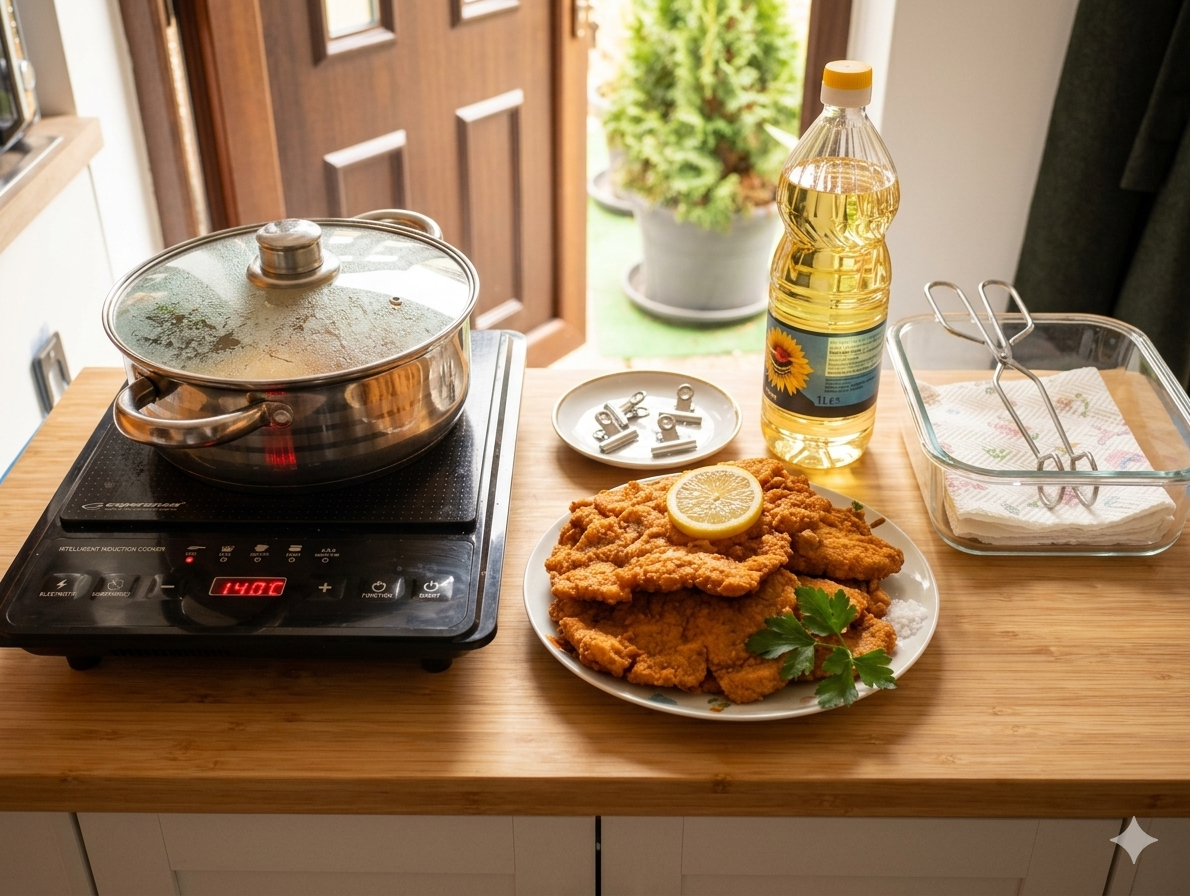 Egy professzionálisan komponált ételfotó egy konyhapulton. A kép előterében egy rusztikus, kézzel készített kerámia tálon három nagy darab, aranybarna, ropogósra sült rántott hús szelet látható. A tál egy szürke, texturált szalvétán nyugszik. A húsok tetején egy citromkarika és egy ág friss petrezselyem díszlik. A tál mellett további friss petrezselyemlevelek vannak elhelyezve. A háttérben, a bal oldalon egy fekete, hordozható indukciós főzőlapon egy rozsdamentes acél fazék áll, rajta üvegfedővel. A fazék belseje és a főzőlap felülete fényes, a főzőlap digitális kijelzője világít, jelezve, hogy működik. A fazék mögött egy fűszerpolc és további konyhai eszközök láthatók. Középen hátul egy nyitott faajtó látható, ami egy teraszra vagy kertre nyílik, ahol egy cserepes örökzöld növény áll a napfényben. A jobb oldalon egy átlátszó műanyag flakon napraforgóolaj (a címkén "napraforgóolaj" felirat olvasható) és egy üveghenger áll, amiben papírtörlő és egy fém konyhai csipesz található. A falon, a háttérben réz edények lógnak. A kompozíció természetes fénnyel megvilágított, tiszta, otthonos konyhai környezetet sugároz. A fókusz a rántott húsokon van.