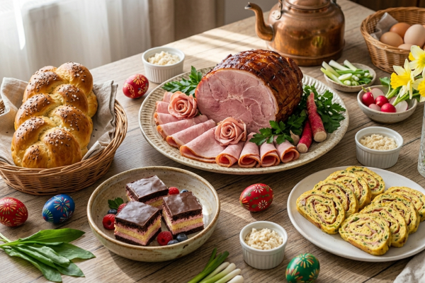 Gazdagon megterített húsvéti asztal felülnézetből. A központban egy tálon szeletelt főtt sonka látható sonkarózsákkal díszítve. Mellette egy kosárban aranybarna foszlós fonott kalács, egy tálon szeletelt sonkás-sajtos tojástekercs, egy kistányéron pedig rózsaszín krémes Kassai szeletek kaptak helyet. Az asztalt hímes tojások, friss medvehagyma, retek, újhagyma és sárga nárciszok teszik teljessé, rusztikus konyhai környezetben.