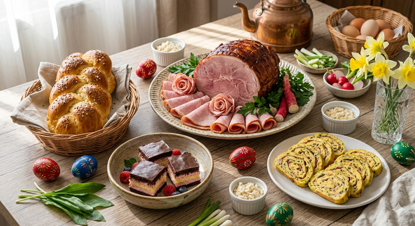 Gazdagon megterített húsvéti asztal felülnézetből. A központban egy tálon szeletelt főtt sonka látható sonkarózsákkal díszítve. Mellette egy kosárban aranybarna foszlós fonott kalács, egy tálon szeletelt sonkás-sajtos tojástekercs, egy kistányéron pedig rózsaszín krémes Kassai szeletek kaptak helyet. Az asztalt hímes tojások, friss medvehagyma, retek, újhagyma és sárga nárciszok teszik teljessé, rusztikus konyhai környezetben.