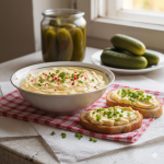 Házi tojáskrém metélőhagymával megszórva, tálalva pirítós szeleteken, háttérben kovászos uborkával egy rusztikus asztalon.