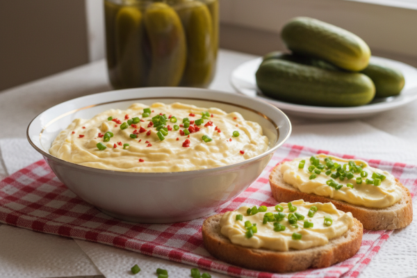 Házi tojáskrém metélőhagymával megszórva, tálalva pirítós szeleteken, háttérben kovászos uborkával egy rusztikus asztalon.