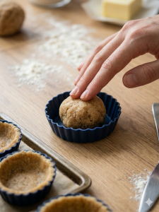Egy kéz finoman belenyom egy gombóc omlós tésztát egy sötétkék, hullámos szélű szilikon kosárkaformába. A fa asztalon lisztfoltok és további előkészített tésztakosárkák látszanak.