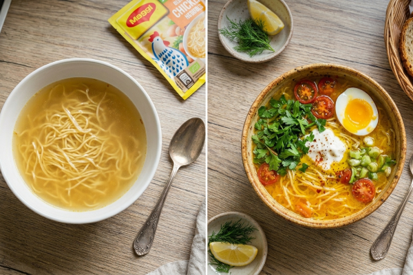 Osztott képernyős ételfotó, amely egy egyszerű és egy felturbózott zacskós levest mutat be. A bal oldali fehér tálban egy puritán, csak tésztát tartalmazó alaplé látható. A jobb oldali rusztikus kerámia tálban ugyanez a leves gazdagon tálalva: friss petrezselyemmel, félbevágott főtt tojással, koktélparadicsommal, tejföllel és újhagymával díszítve, mellette pirított kenyérrel.