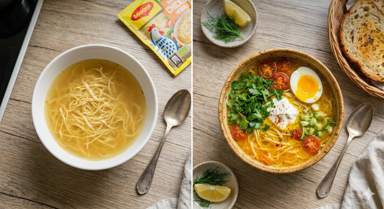 Osztott képernyős ételfotó, amely egy egyszerű és egy felturbózott zacskós levest mutat be. A bal oldali fehér tálban egy puritán, csak tésztát tartalmazó alaplé látható. A jobb oldali rusztikus kerámia tálban ugyanez a leves gazdagon tálalva: friss petrezselyemmel, félbevágott főtt tojással, koktélparadicsommal, tejföllel és újhagymával díszítve, mellette pirított kenyérrel.