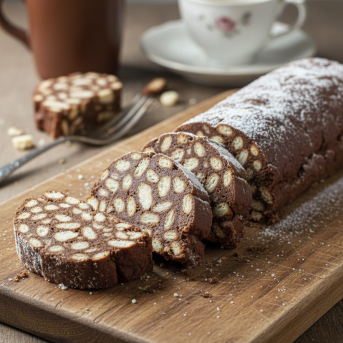 nycsiklandó, házi készítésű kekszszalámi egy fa vágódeszkán tálalva. A sötétbarna, kakaós masszába ágyazott világos háztartási kekszdarabok márványos mintát adnak a szeleteknek. A rudak külseje hófehér kókuszreszelékkel van gazdagon megszórva, a háttérben pedig néhány egész keksz és egy csésze gőzölgő kávé látható.