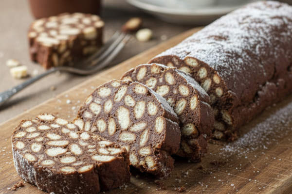 nycsiklandó, házi készítésű kekszszalámi egy fa vágódeszkán tálalva. A sötétbarna, kakaós masszába ágyazott világos háztartási kekszdarabok márványos mintát adnak a szeleteknek. A rudak külseje hófehér kókuszreszelékkel van gazdagon megszórva, a háttérben pedig néhány egész keksz és egy csésze gőzölgő kávé látható.