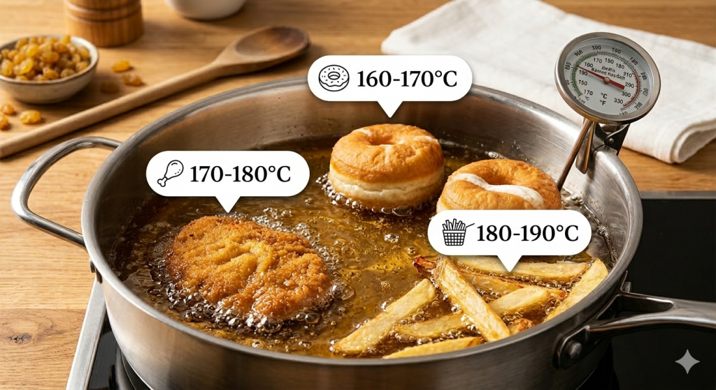 az olvasó megismerheti, hogy milyen sütési hőfokat kell alkalmazni egy rántotthús vagy egy fánk készítésekor