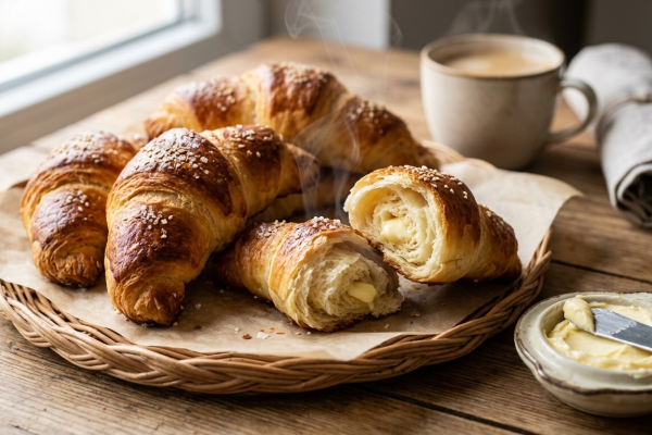 Frissen sült, gőzölgő, vajas kiflik (vagy croissant-ok) fonott tálcán, szezámmaggal megszórva, mellette egy csésze tejeskávéval és egy kis tálka lágy vajjal, rusztikus faasztalon.