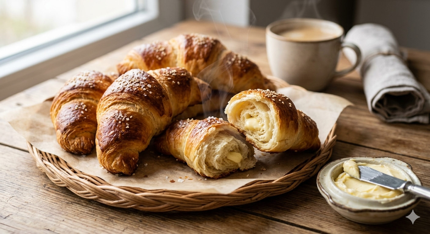 Frissen sült, gőzölgő, vajas kiflik (vagy croissant-ok) fonott tálcán, szezámmaggal megszórva, mellette egy csésze tejeskávéval és egy kis tálka lágy vajjal, rusztikus faasztalon.