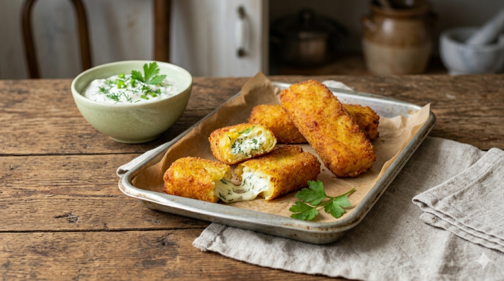 Egy rusztikus, fa asztalon elhelyezett fémtálcán aranybarna, panírozott burgonyarudak láthatók pergamenpapíron. Két burgonyarúd ketté van választva, felfedve a krémes, fehér tölteléket és a zöldfűszereket a közepükön. A tálca jobb oldalán egy lenvászon szalvéta és egy friss petrezselyem sprig pihen. A háttérben egy zöld kerámia tálban zöldfűszeres tejfölös mártogató található, petrezselyem díszítéssel. A háttér elmosódott, rusztikus konyhai elemeket és edényeket mutat.