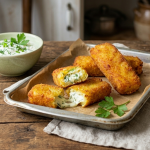 Egy rusztikus, fa asztalon elhelyezett fémtálcán aranybarna, panírozott burgonyarudak láthatók pergamenpapíron. Két burgonyarúd ketté van választva, felfedve a krémes, fehér tölteléket és a zöldfűszereket a közepükön. A tálca jobb oldalán egy lenvászon szalvéta és egy friss petrezselyem sprig pihen. A háttérben egy zöld kerámia tálban zöldfűszeres tejfölös mártogató található, petrezselyem díszítéssel. A háttér elmosódott, rusztikus konyhai elemeket és edényeket mutat.