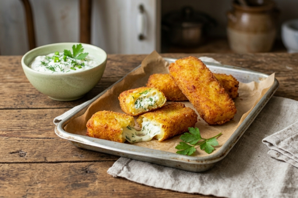 Egy rusztikus, fa asztalon elhelyezett fémtálcán aranybarna, panírozott burgonyarudak láthatók pergamenpapíron. Két burgonyarúd ketté van választva, felfedve a krémes, fehér tölteléket és a zöldfűszereket a közepükön. A tálca jobb oldalán egy lenvászon szalvéta és egy friss petrezselyem sprig pihen. A háttérben egy zöld kerámia tálban zöldfűszeres tejfölös mártogató található, petrezselyem díszítéssel. A háttér elmosódott, rusztikus konyhai elemeket és edényeket mutat.