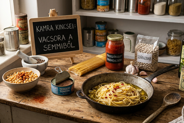 Gyors vacsora alapanyagok a kamrából: tészta, paradicsomkonzerv, bab és fokhagyma egy konyhapulton