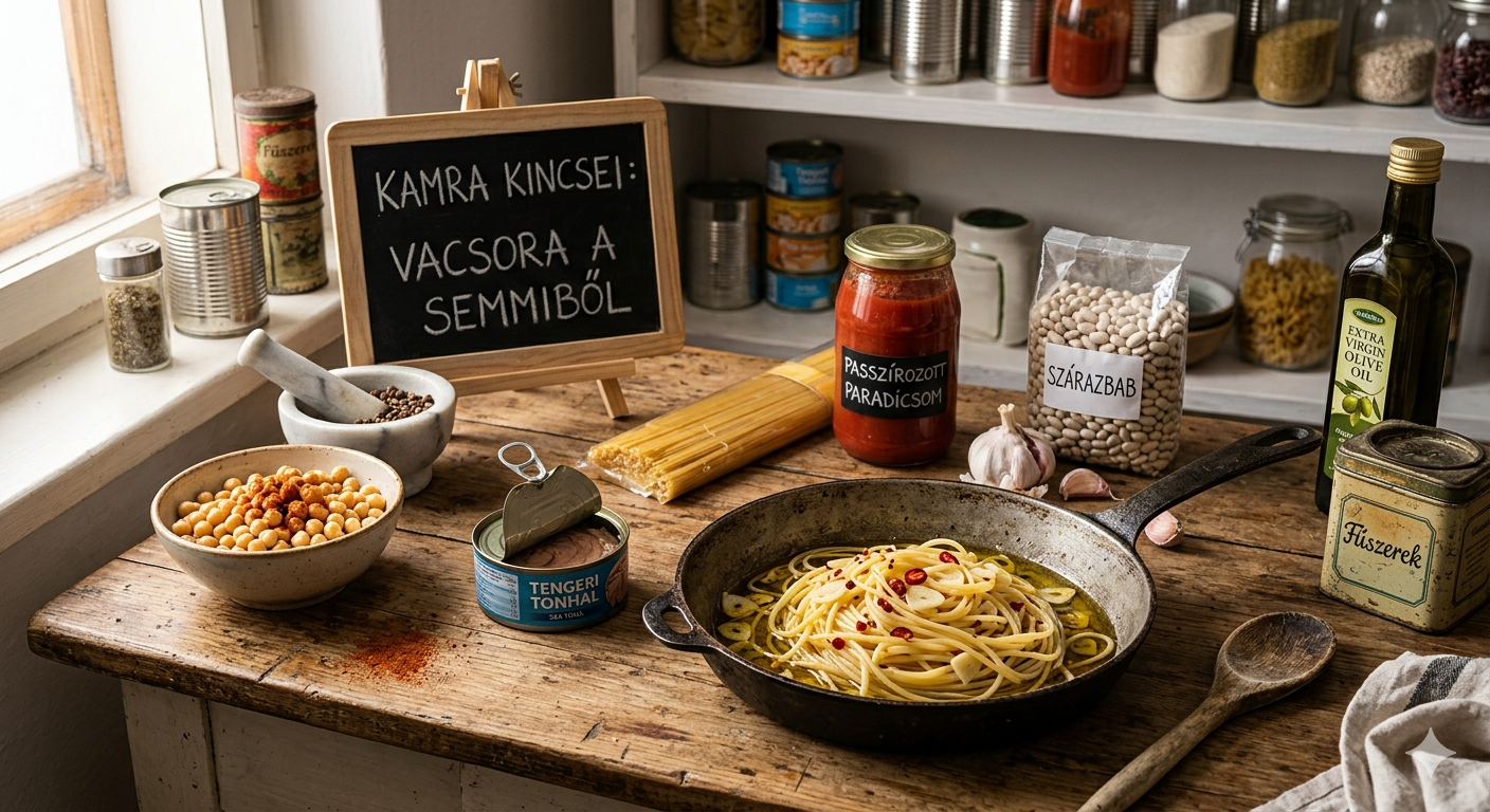 Gyors vacsora alapanyagok a kamrából: tészta, paradicsomkonzerv, bab és fokhagyma egy konyhapulton