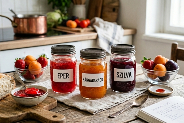 Rusztikus konyhai csendélet egy faasztalon: három üveg frissen készült, élénk színű lekvár (eper, sárgabarack, szilva) sorakozik, rajtuk egyszerű fehér címkékkel. Mellettük egy tálka eperlekvár, egy szelet kovászos kenyér, friss gyümölcsök és egy nyitott receptkönyv látható, a háttérben egy rézlábas pihen a tűzhelyen.