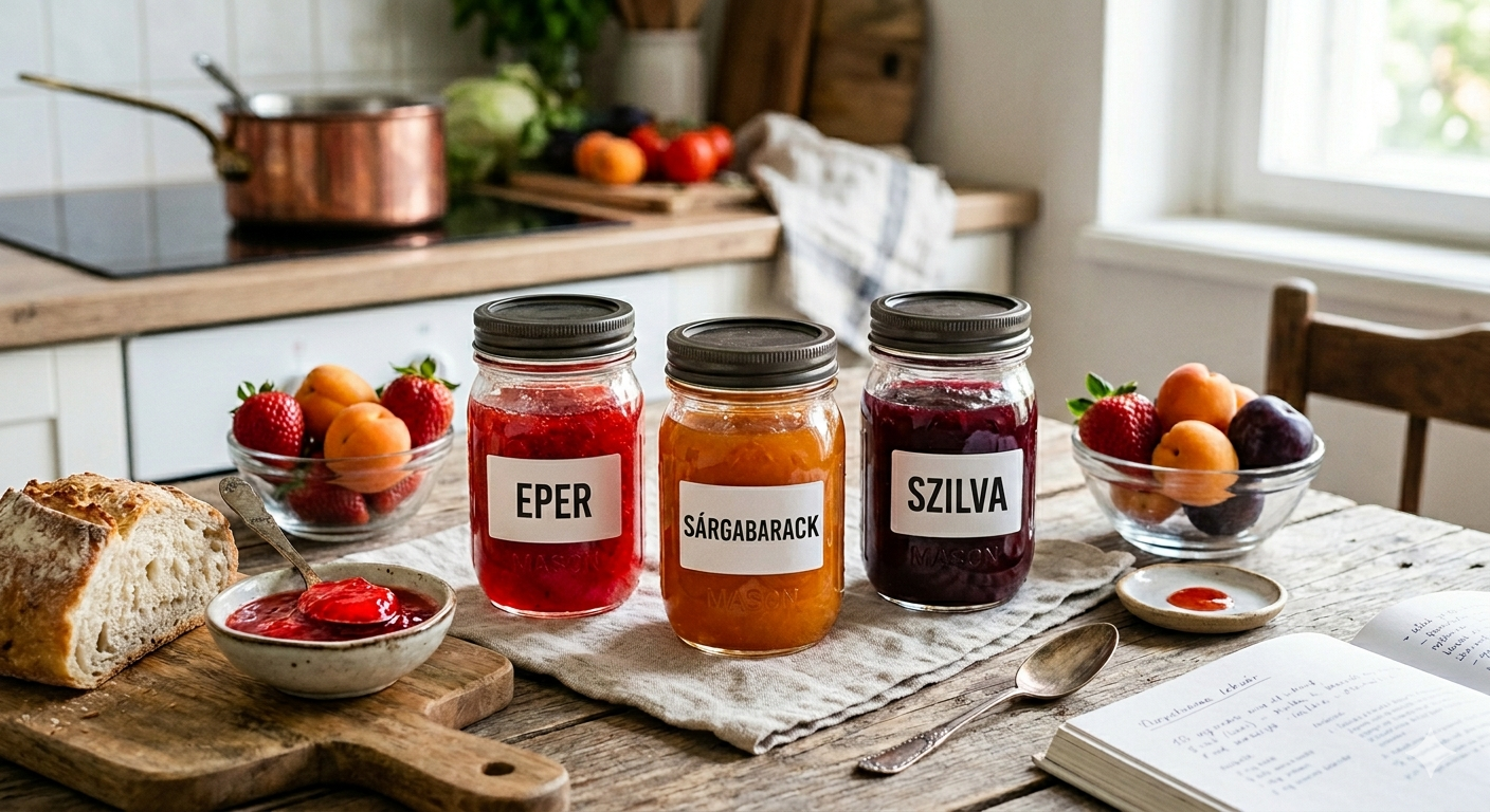 Rusztikus konyhai csendélet egy faasztalon: három üveg frissen készült, élénk színű lekvár (eper, sárgabarack, szilva) sorakozik, rajtuk egyszerű fehér címkékkel. Mellettük egy tálka eperlekvár, egy szelet kovászos kenyér, friss gyümölcsök és egy nyitott receptkönyv látható, a háttérben egy rézlábas pihen a tűzhelyen.