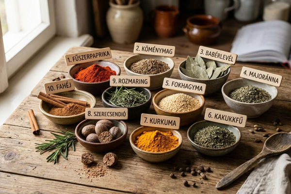 Tíz alapvető konyhai fűszer kis kerámia tálkákban elrendezve, feliratos fapálcikákkal jelölve, köztük fűszerpaprika, köménymag és fahéj.