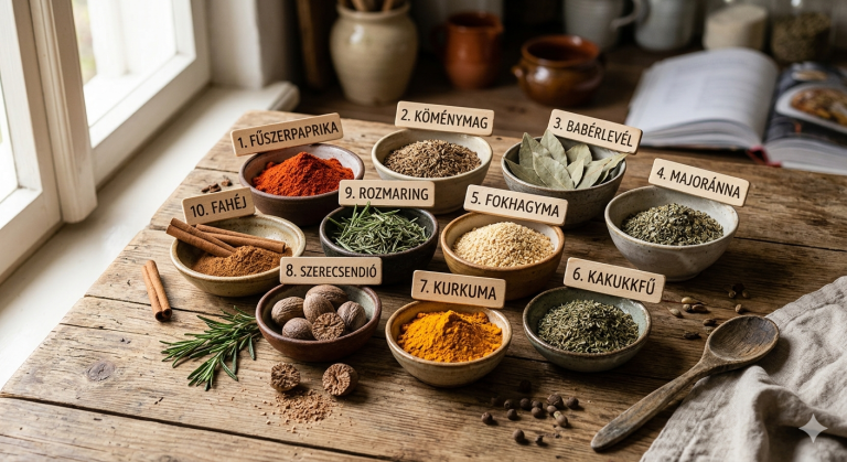Tíz alapvető konyhai fűszer kis kerámia tálkákban elrendezve, feliratos fapálcikákkal jelölve, köztük fűszerpaprika, köménymag és fahéj.