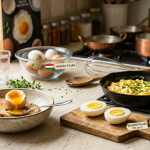 ülönböző módon elkészített tojások bemutatása: egy tálkában lágytojás, egy deszkán keménytojás félbevágva, a serpenyőben pedig krémes rántotta, mind magyar nyelvű feliratokkal jelölve, egy barátságos konyhában.