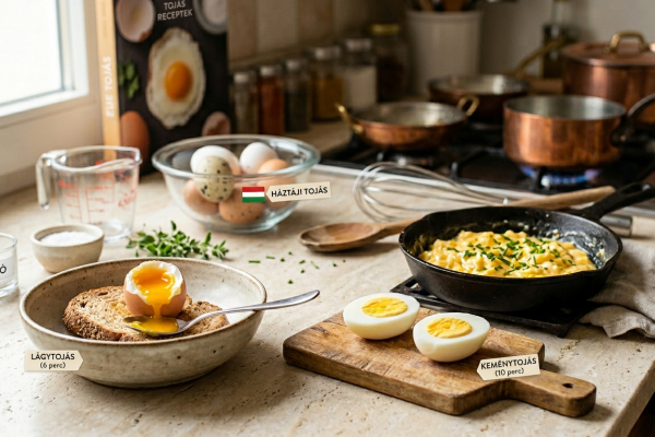 ülönböző módon elkészített tojások bemutatása: egy tálkában lágytojás, egy deszkán keménytojás félbevágva, a serpenyőben pedig krémes rántotta, mind magyar nyelvű feliratokkal jelölve, egy barátságos konyhában.