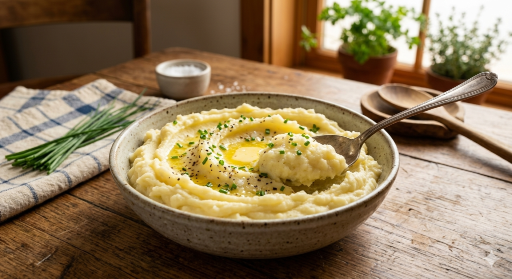 Közelkép egy tál selymes, krémes burgonyapüréről. A tetején egy darab olvadó aranybarna vaj és frissen vágott snidling látható. Egy ezüst kanál éppen kiemel egy adag habos, könnyű pürét egy rusztikus faasztalon tálalva.