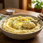 Közelkép egy tál selymes, krémes burgonyapüréről. A tetején egy darab olvadó aranybarna vaj és frissen vágott snidling látható. Egy ezüst kanál éppen kiemel egy adag habos, könnyű pürét egy rusztikus faasztalon tálalva.