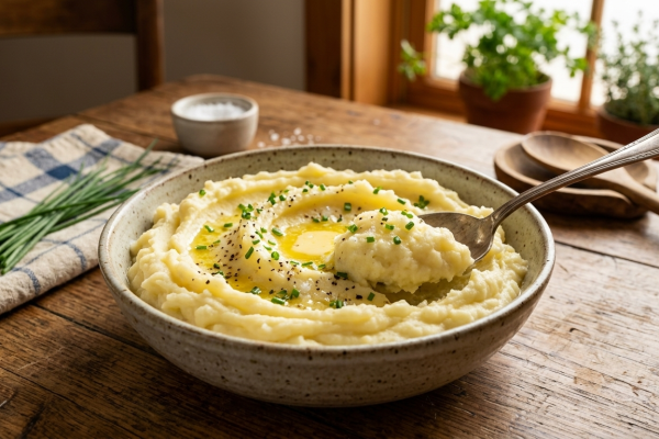 Közelkép egy tál selymes, krémes burgonyapüréről. A tetején egy darab olvadó aranybarna vaj és frissen vágott snidling látható. Egy ezüst kanál éppen kiemel egy adag habos, könnyű pürét egy rusztikus faasztalon tálalva.