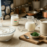 Különböző konyhai tejtermékek bemutatása: krémes tejföl tálban, habtejszín kancsóban és görög joghurt kerámia edényben, magyar nyelvű feliratokkal egy világos konyhapulton.