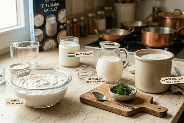 Különböző konyhai tejtermékek bemutatása: krémes tejföl tálban, habtejszín kancsóban és görög joghurt kerámia edényben, magyar nyelvű feliratokkal egy világos konyhapulton.