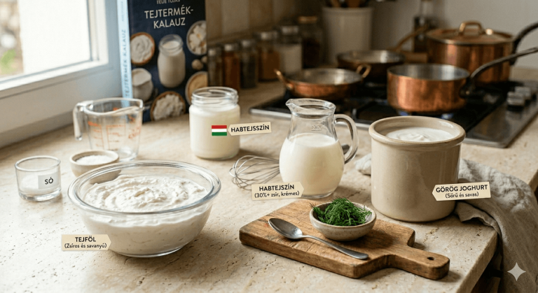 Különböző konyhai tejtermékek bemutatása: krémes tejföl tálban, habtejszín kancsóban és görög joghurt kerámia edényben, magyar nyelvű feliratokkal egy világos konyhapulton.