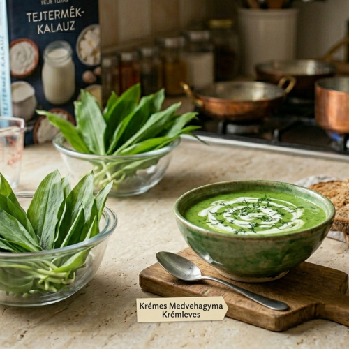 egy asztalon látható frissen szedett medvehagyma és mellette egy gőzölgő kész leves a medvehagymából