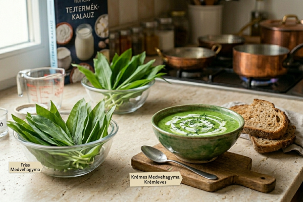 egy asztalon látható frissen szedett medvehagyma és mellette egy gőzölgő kész leves a medvehagymából