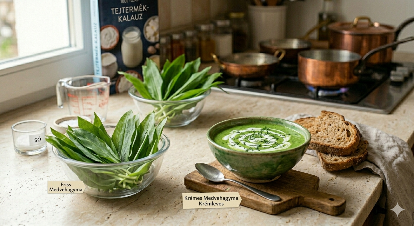 egy asztalon látható frissen szedett medvehagyma és mellette egy gőzölgő kész leves a medvehagymából