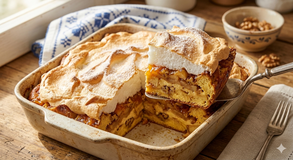 Szeletelt, réteges máglyarakás egy rusztikus kerámia tepsiben, tetején vastag, aranybarnára sült tojásfehérjehabbal, szaftos almás-diós és lekváros kalácsrétegekkel.